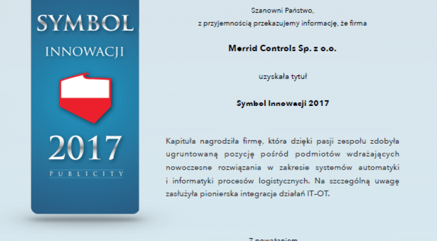 Tytuł Symbol Innowacji 2017 dla Merrid Controls !