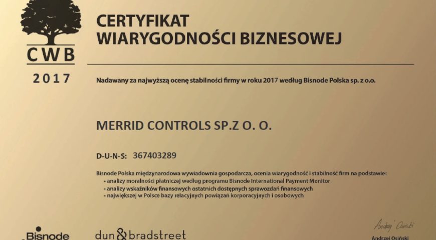 Bisnode Polska Certyfikat Wiarygodności Biznesowej 2017