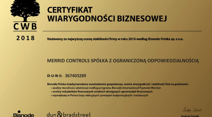 Bisnode Polska Certyfikat Wiarygodności Biznesowej 2018