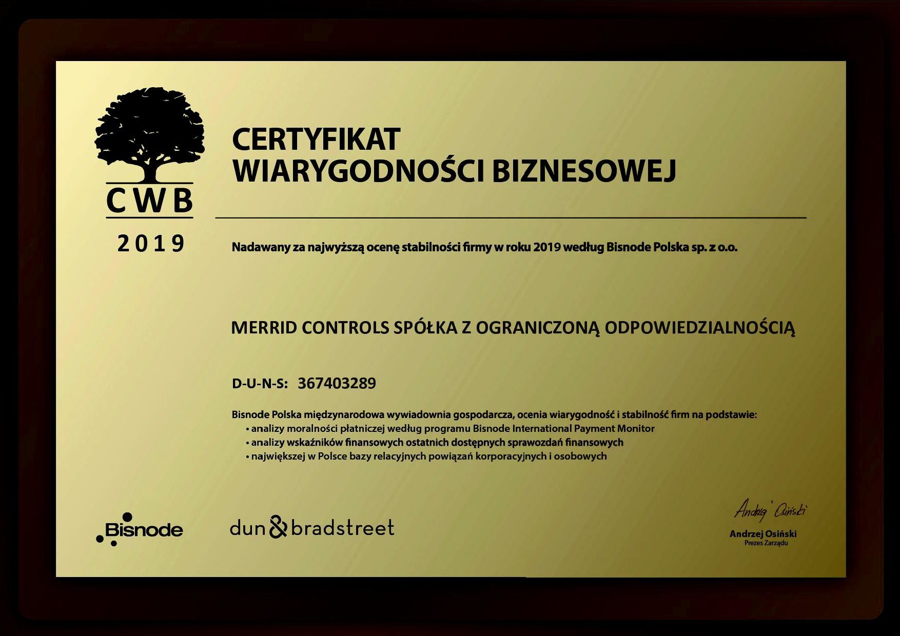 Bisnode Polska Certyfikat Wiarygodności Biznesowej